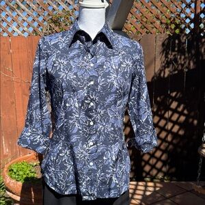 Coldwater Creek Navy and White Floral Button-Front Shirt